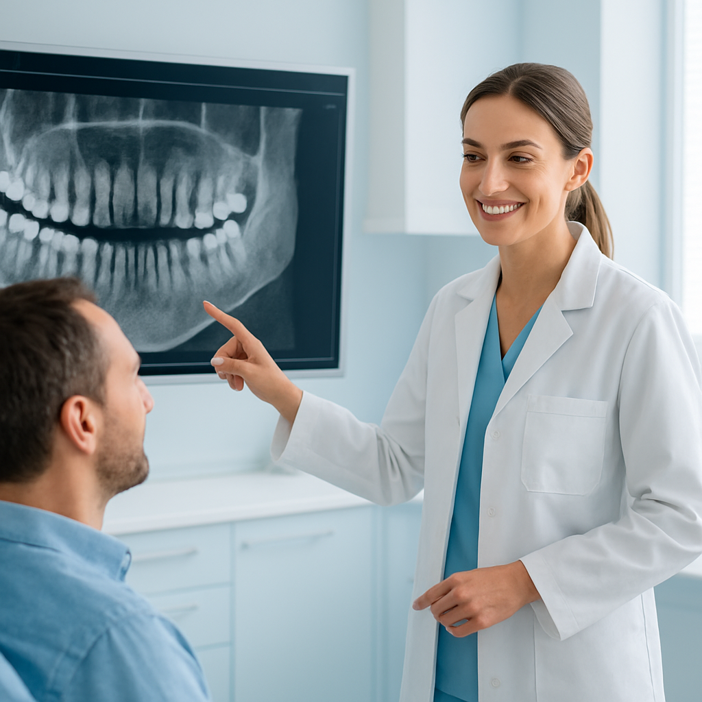 A clinician reviewing a 3D CT scan with a patient in a Melbourne implant clinic